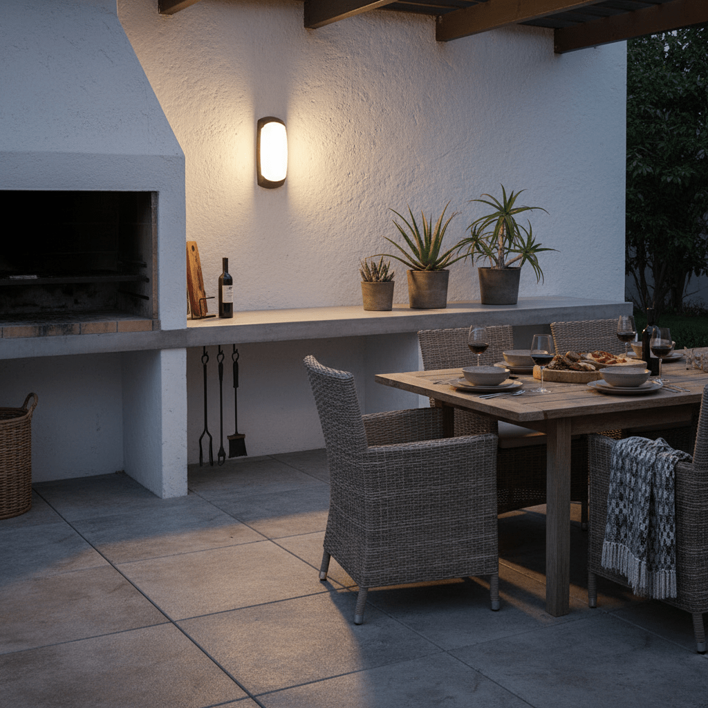 Outdoor patio with a Fumagalli Francy Bulkhead Light illuminating a dining area with wicker chairs and a wooden table.