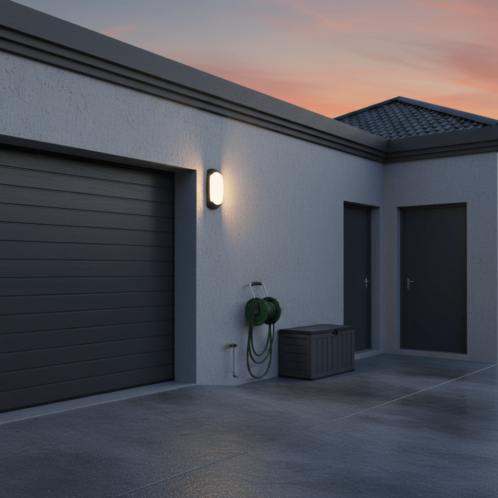 Rechargeable garage light for load shedding in South Africa, portable LED work light on garage shelf, realistic 800x800 composition