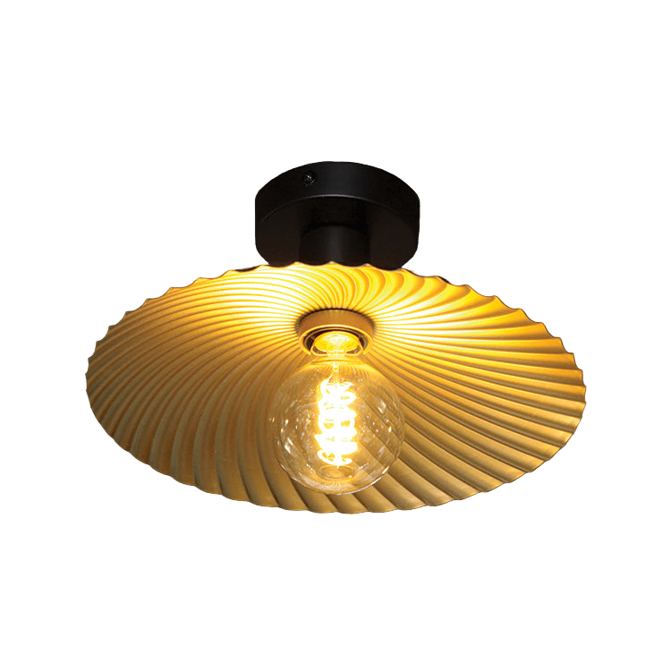Ceiling light fixture with ribbed design on a black background
