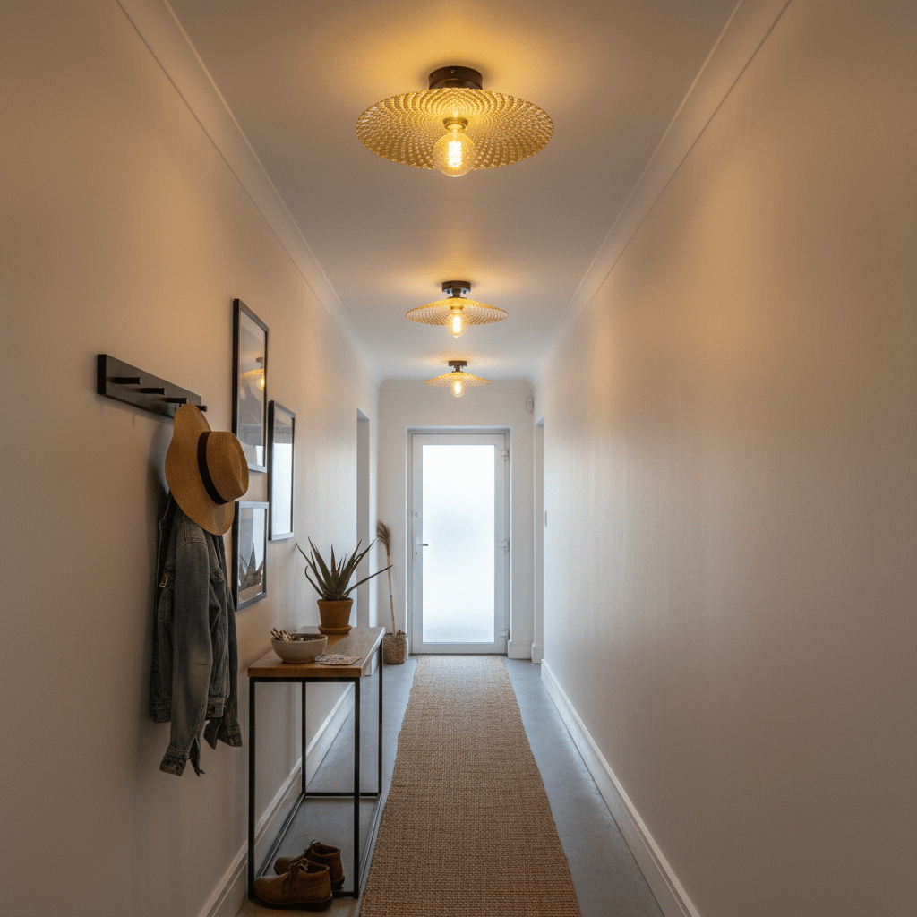 A well-lit hallway featuring three flush-mount ceiling lights, enhancing the modern decor with warm tones.