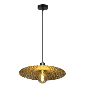 Gold pendant light with a black background