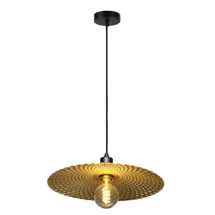Gold pendant light with a black background