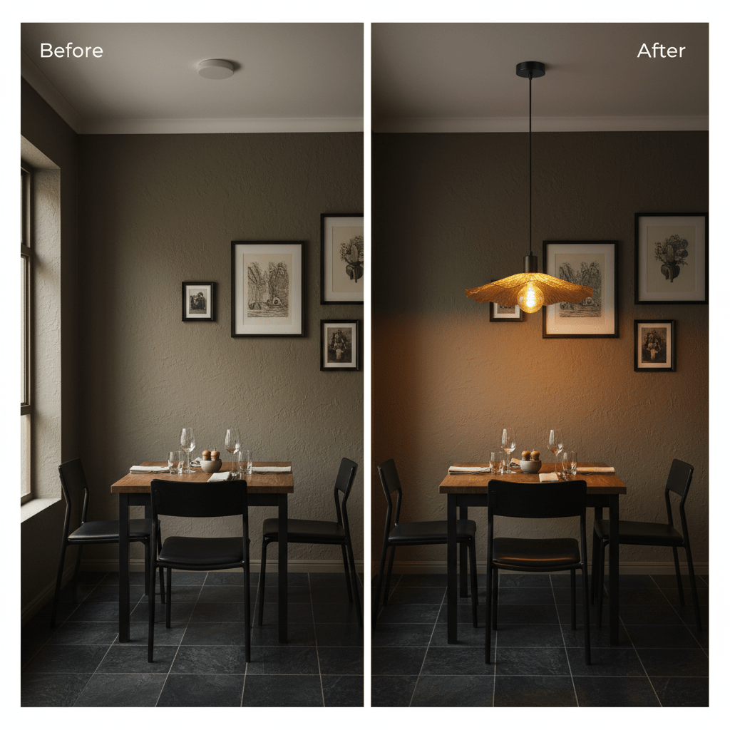 Before and after comparison of a dining area with the Golden Flower Pendant, showcasing warm lighting and decor.