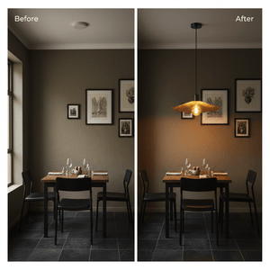 Before and after comparison of a dining area with the Golden Flower Pendant, showcasing warm lighting and decor.