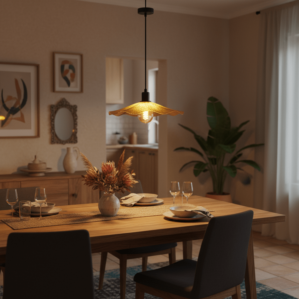 Golden Flower Pendant light hanging above a dining table set with plates and glasses, creating a warm ambiance.