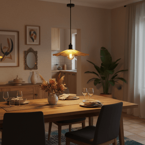 Golden Flower Pendant light hanging above a dining table set with plates and glasses, creating a warm ambiance.