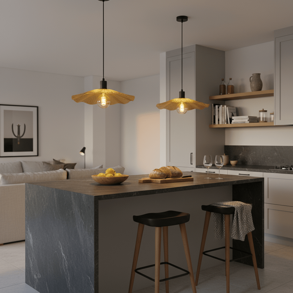 Two Golden Flower Pendants hang above a kitchen island, illuminating a bowl of lemons and fresh bread.