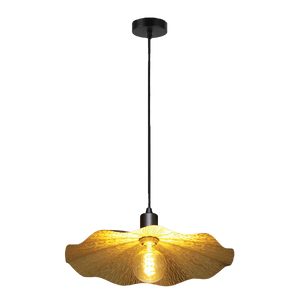 Pendant light with a yellow glass shade on a black background