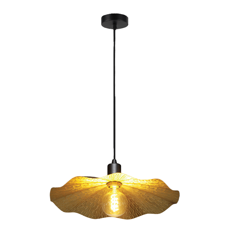 Pendant light with a yellow glass shade on a black background