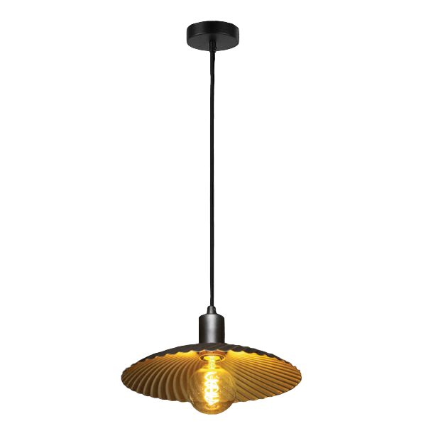 Pendant light with a ribbed design on a black background