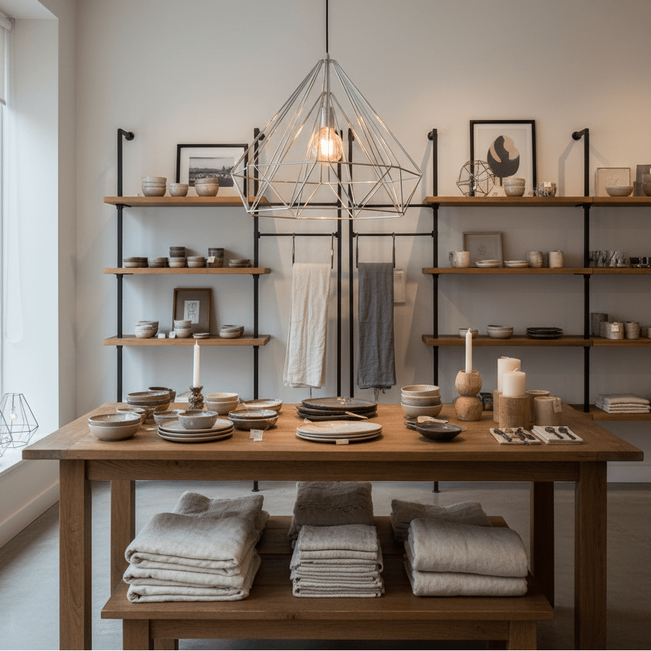 Chrome wire geometric pendant light hanging over a wooden dining table with plates and folded towels