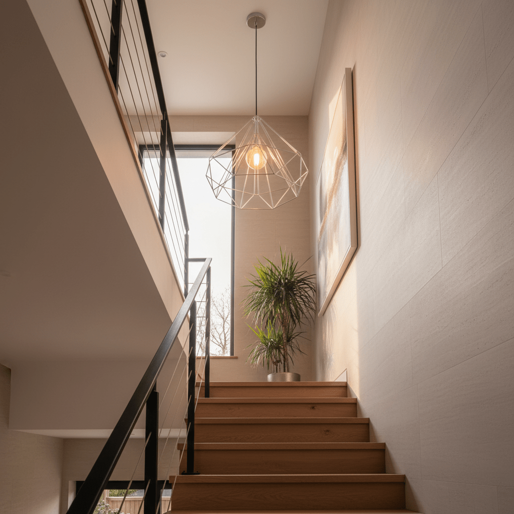 Chrome wire geometric pendant light with exposed bulb hanging above wooden stairs