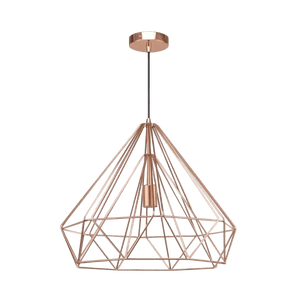 Copper-colored geometric wireframe pendant light hanging from ceiling against solid green background