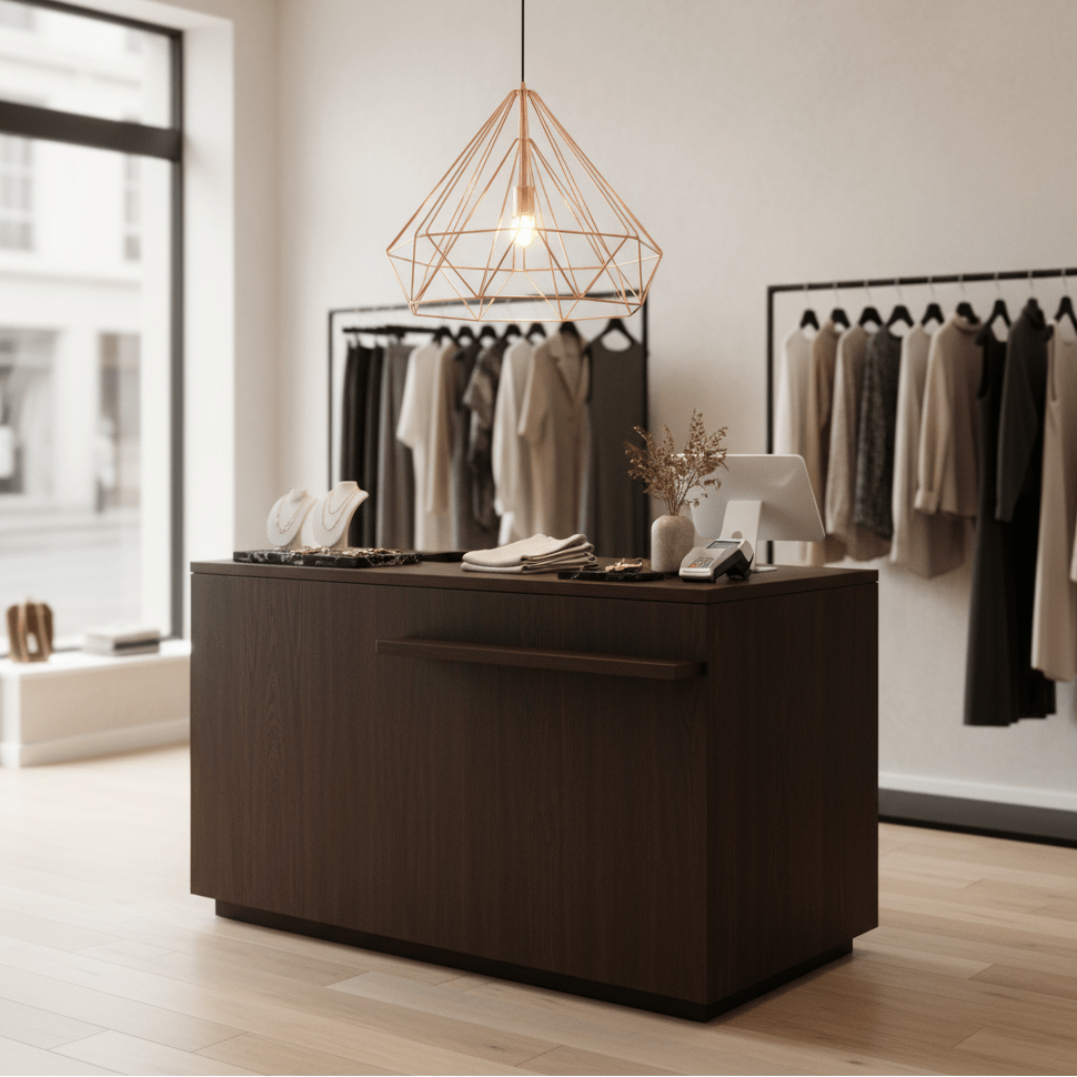 Copper wire geometric pendant light with exposed bulb hanging above a dark wood counter in a boutique retail setting