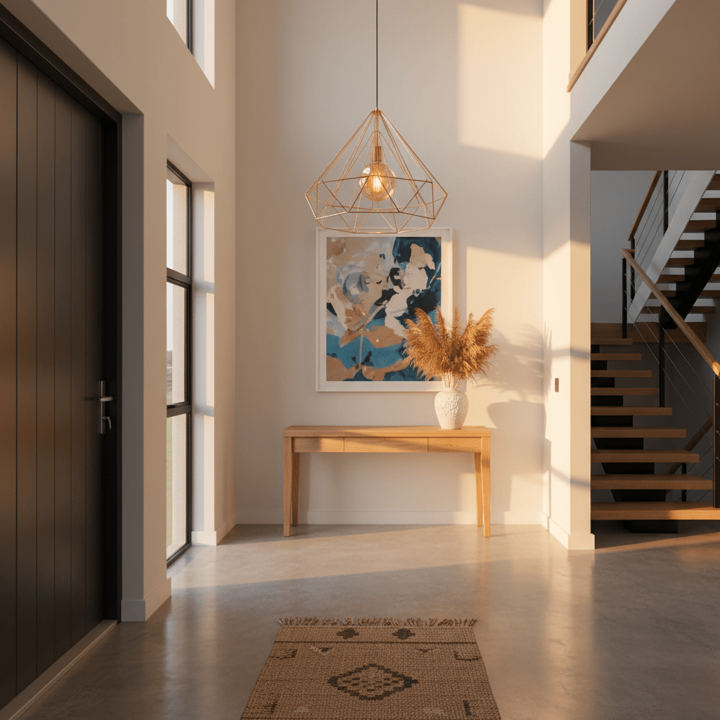 Copper wire geometric pendant light with exposed bulb hanging above a wooden console table in a bright entryway