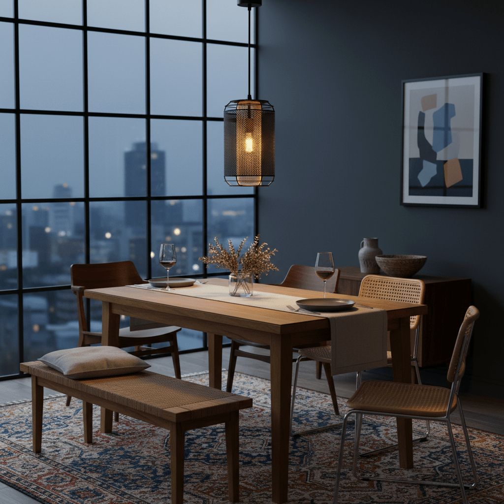 Boston Metal Pendant light hanging above a wooden dining table set with wine glasses and decorative elements.