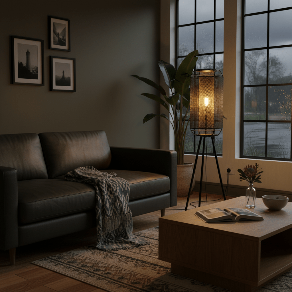 Sleek black-and-gold floor lamp beside a modern couch, illuminating a cozy living room setting.