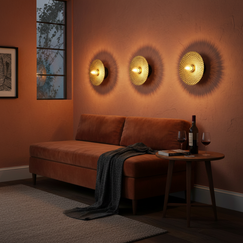 Living room with a brown sofa, small table with wine glasses and bottle, and three gold wall sconces on an orange wall.