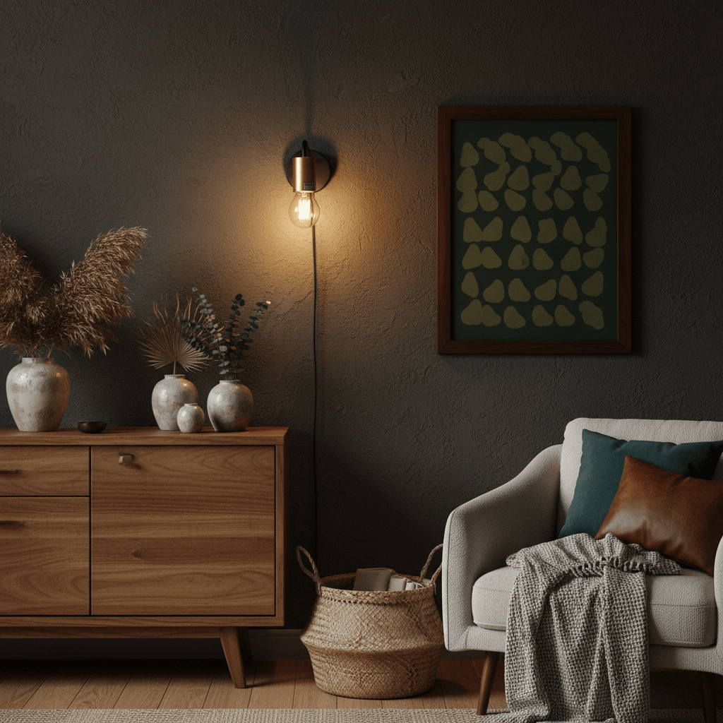 Traverse Indoor Wall Lamp illuminating a cozy living space with decorative vases and a framed artwork.