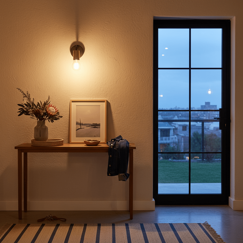 Traverse Indoor Wall Lamp illuminating a console table with a vase, framed artwork, and a jacket.