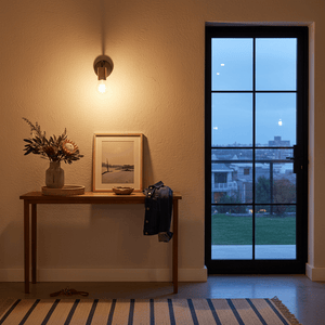 Traverse Indoor Wall Lamp illuminating a console table with a vase, framed artwork, and a jacket.