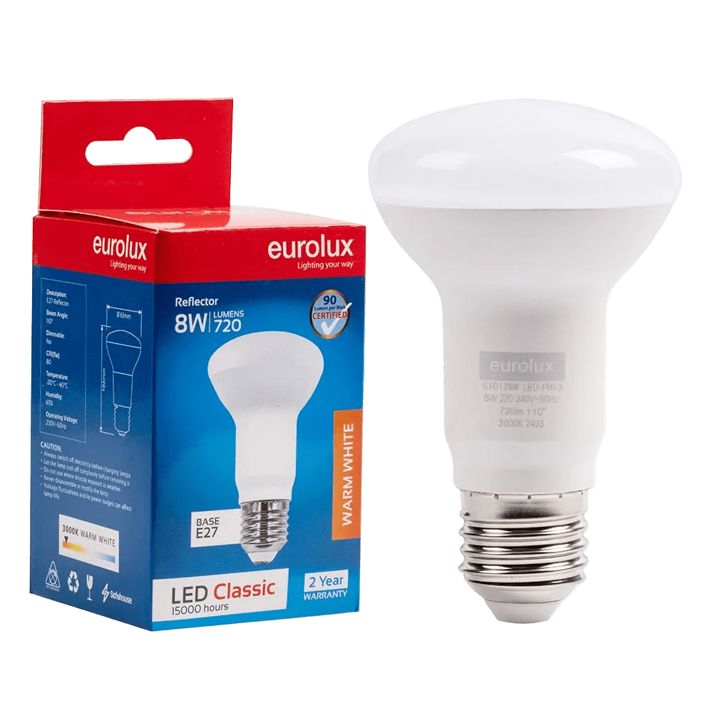 8W R63 Reflector LED Bulb – E27, 3000K Warm White