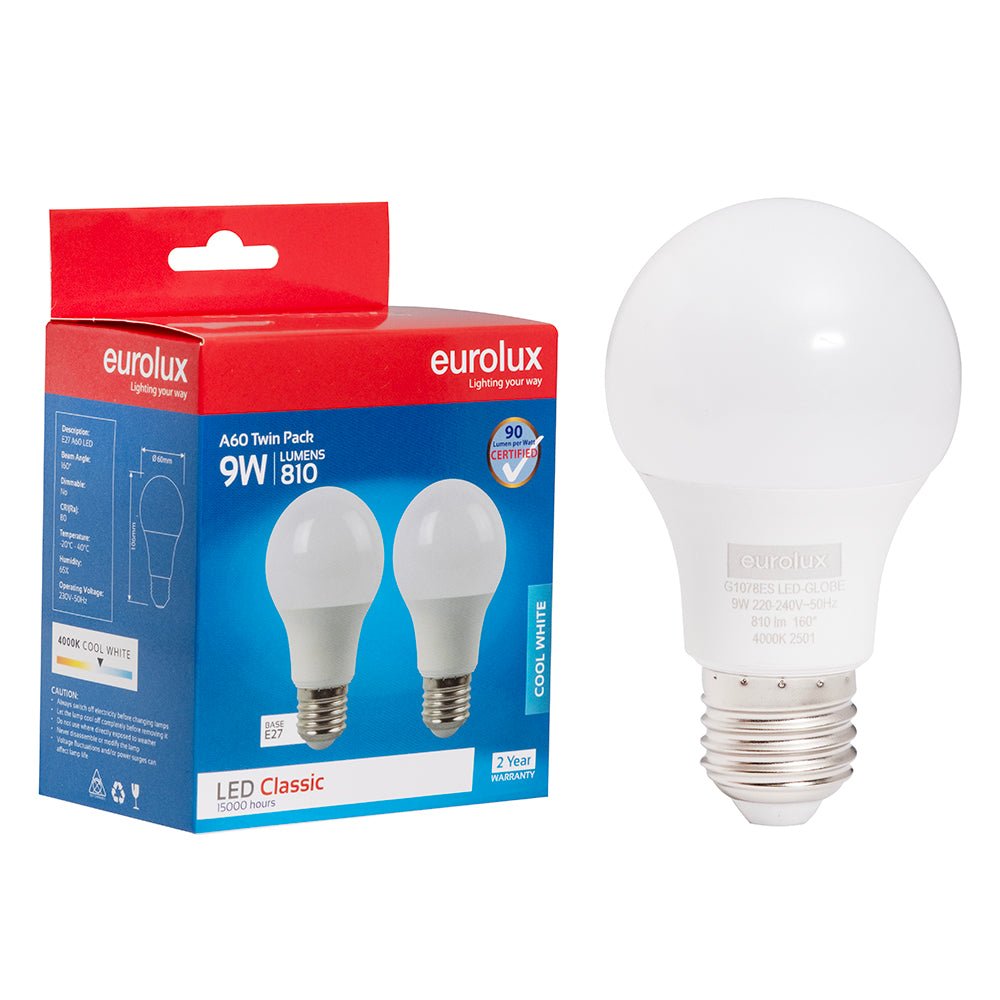 A60 Classic LED Bulb 9W E27 4000K - Twin Pack