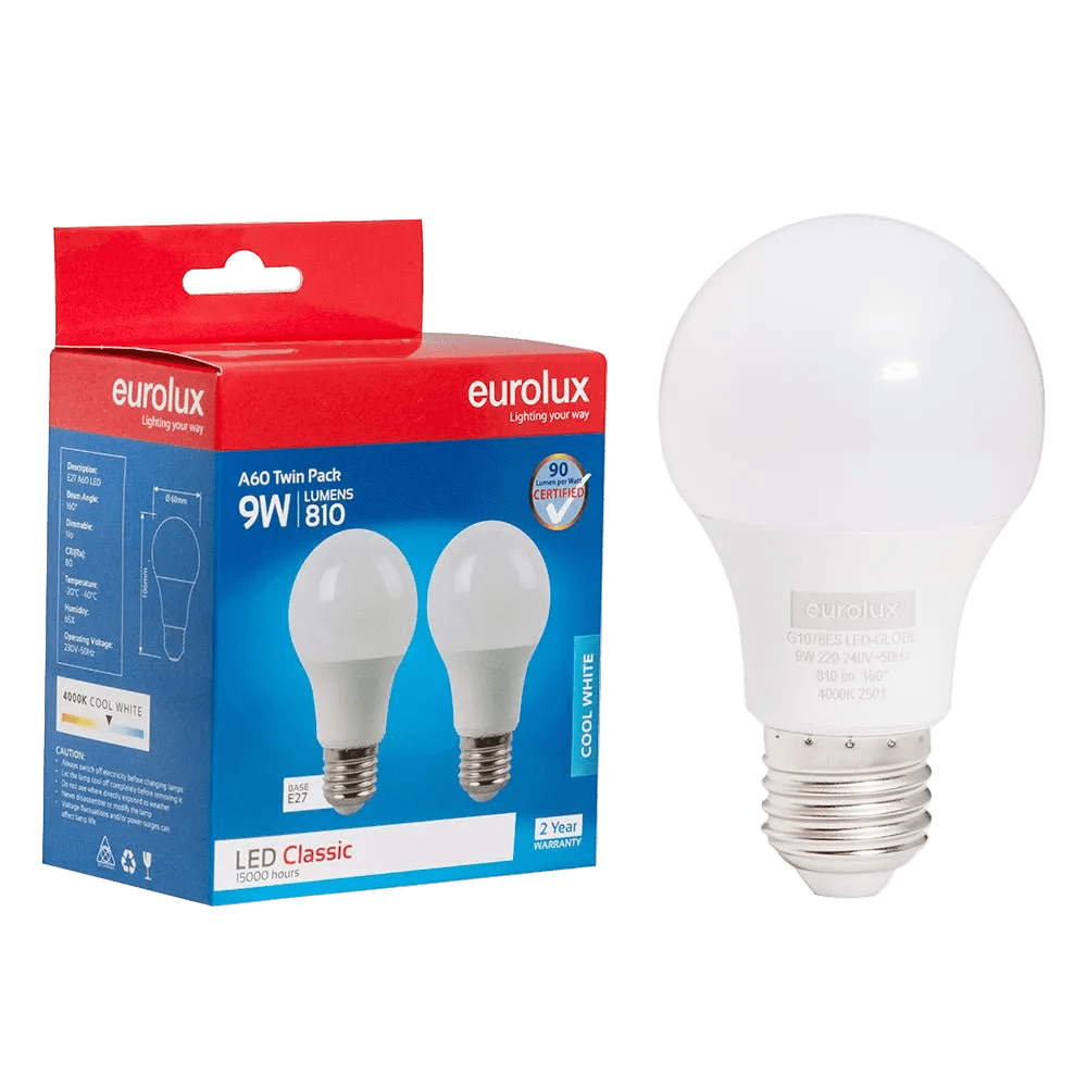 9W White A60 LED Bulb – E27, 4000K Cool White