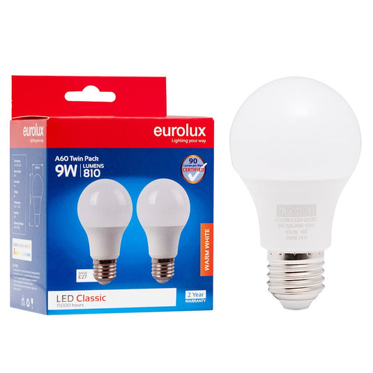9W Warm White LED E27 - Twin Pack