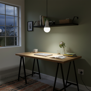 Home office with a wooden desk, lamp, and window view