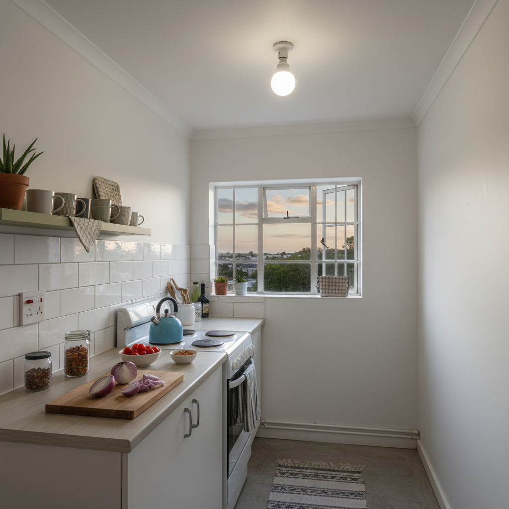 Small kitchen with white cabinets, a window, and various items on the counter.