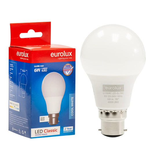 A60 LED bulb with B22 base next to its packaging, showcasing a clear design and specifications.