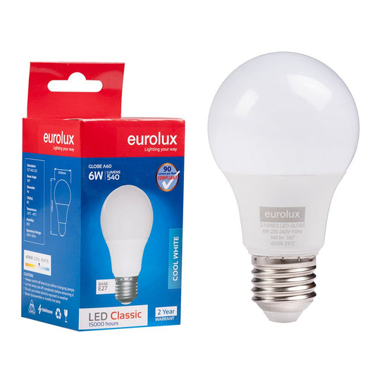 A60 6W LED bulb in clear packaging, showcasing its classic shape and E27 base.