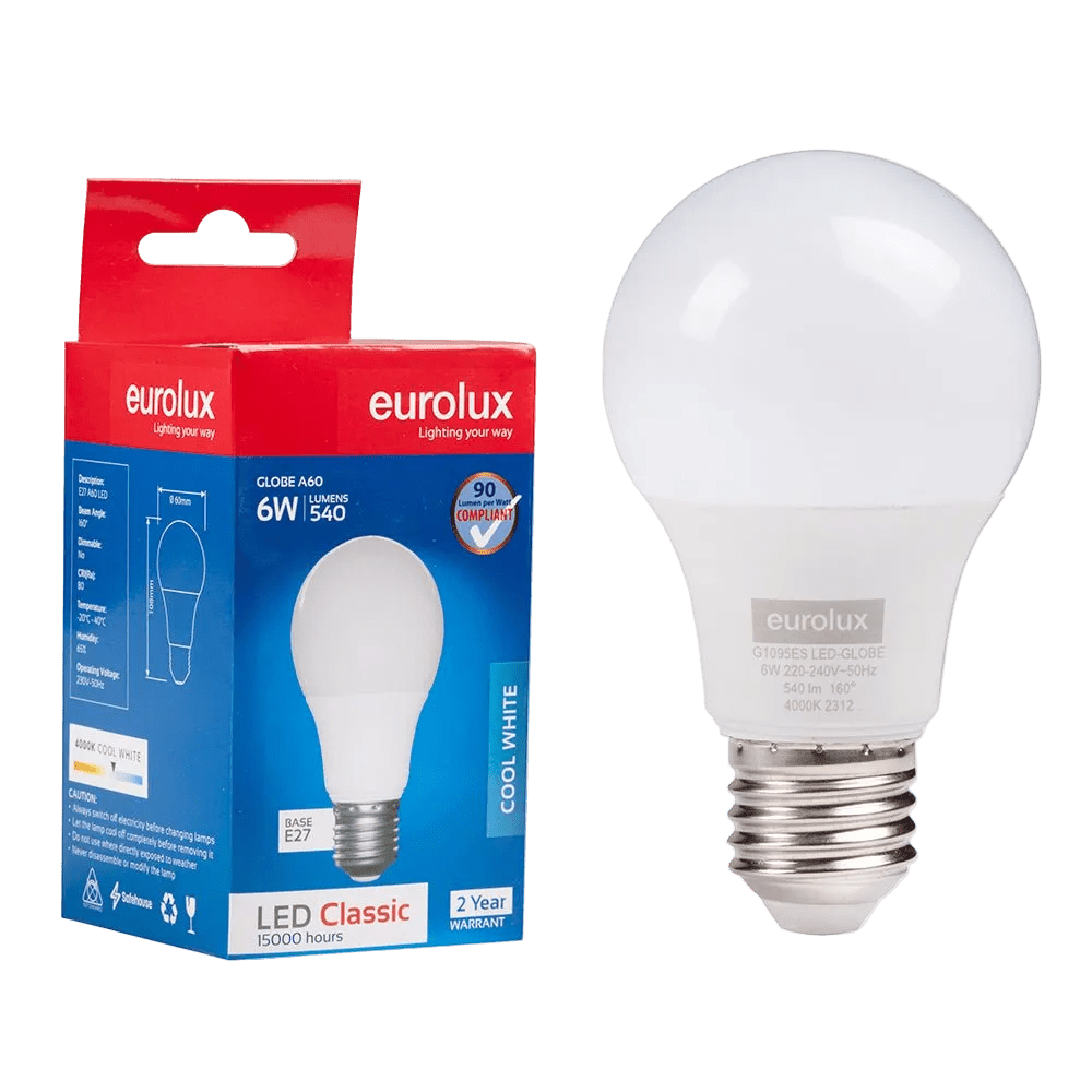 A 6W A60 LED bulb with a white finish is displayed next to its red and blue packaging, featuring product details.