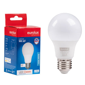 9W Cool White LED E27 Bulb next to its packaging, showcasing the bulb's design and features.