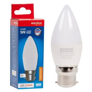 Eurolux 5W warm white LED candle bulb with B22 bayonet base and packaging