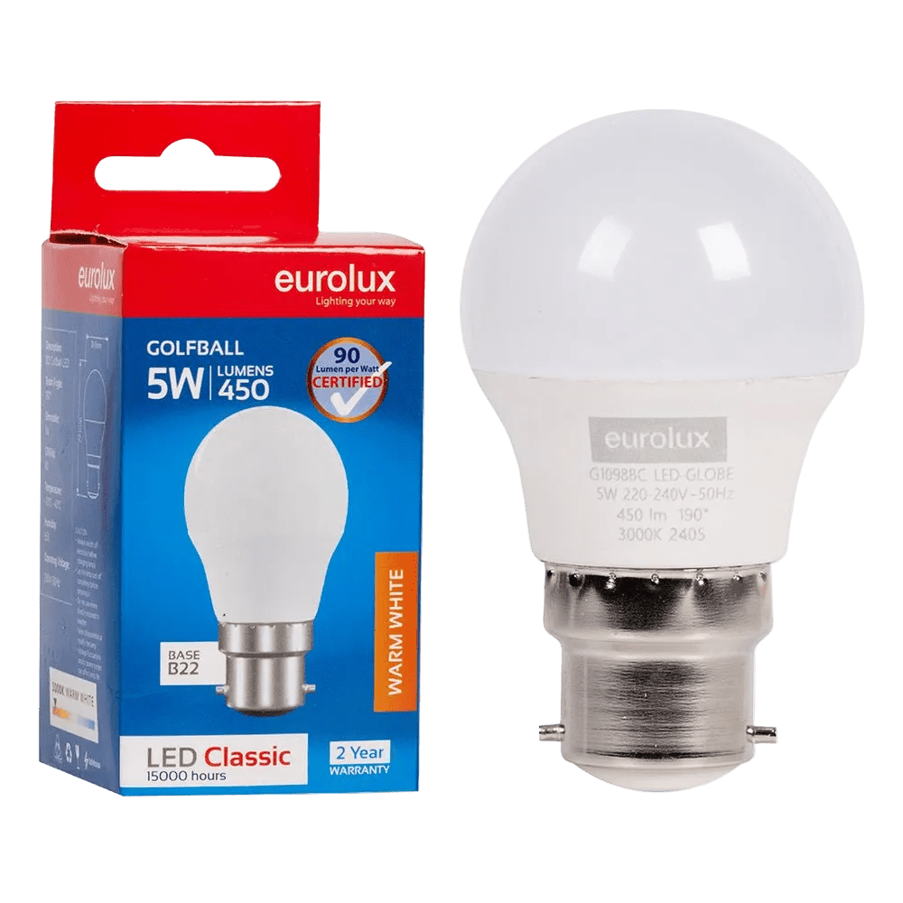 5W Golfball LED Bulb – B22, 3000K Warm White