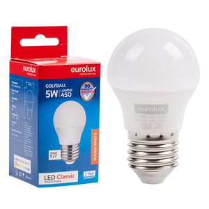 5W LED Golfball Bulb E27 in warm white with packaging, showcasing compact design and specifications.