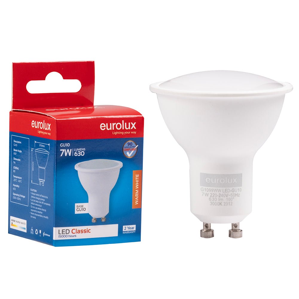 Eurolux LED light bulb and packaging on a white background