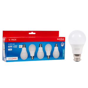 Five-pack of 6W A60 LED bulbs in a colorful box, showcasing different bulb shapes and E27 bases.