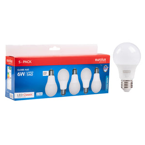 Pack of five 6W A60 LED bulbs with cool white light, displayed in a colorful box.