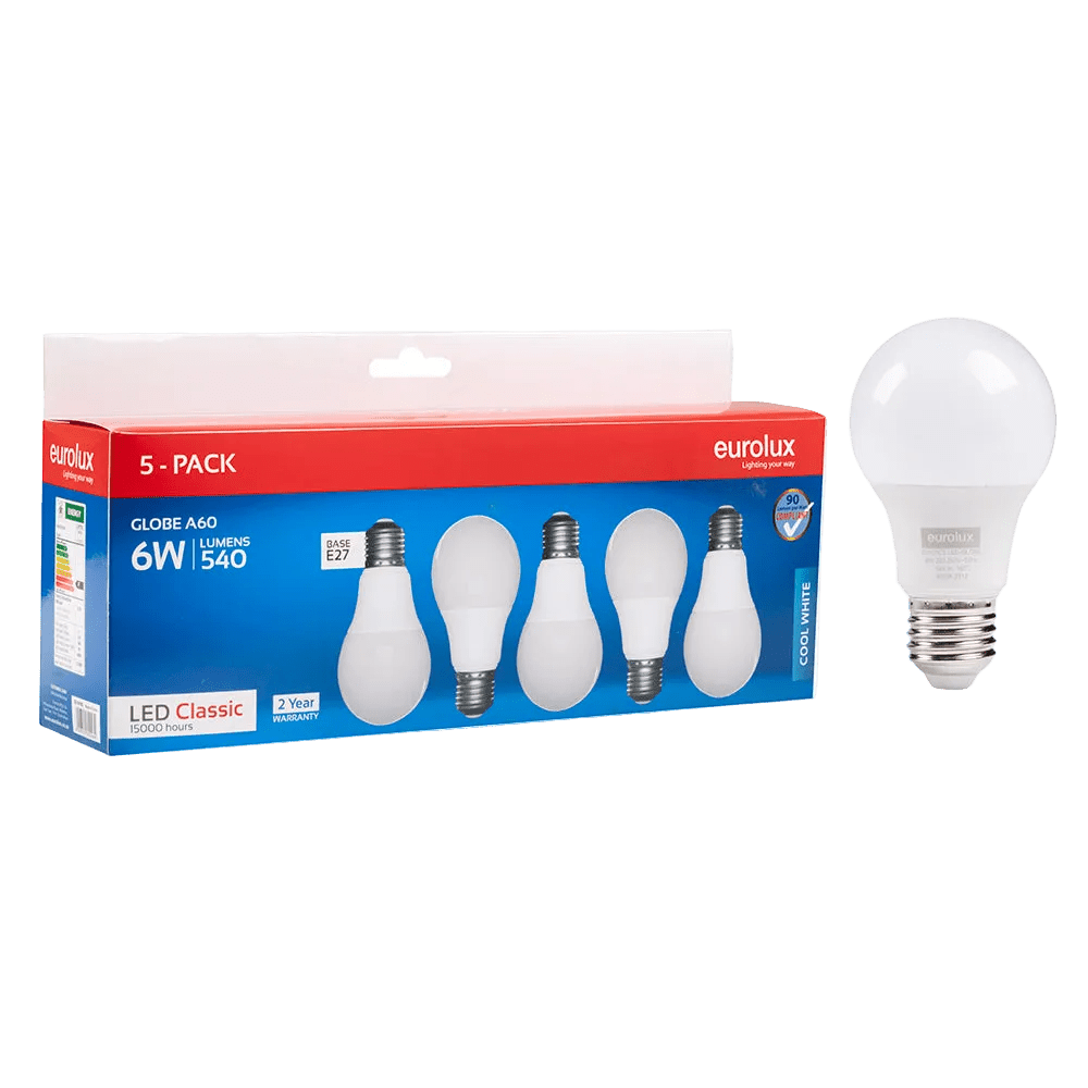 6W White A60 LED Bulb – B22, 4000K Cool White