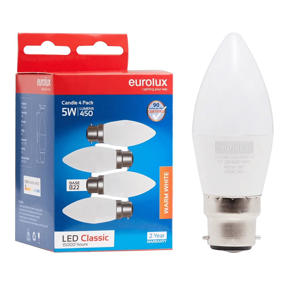 5W White Candle LED Bulb – B22, 3000K Warm White