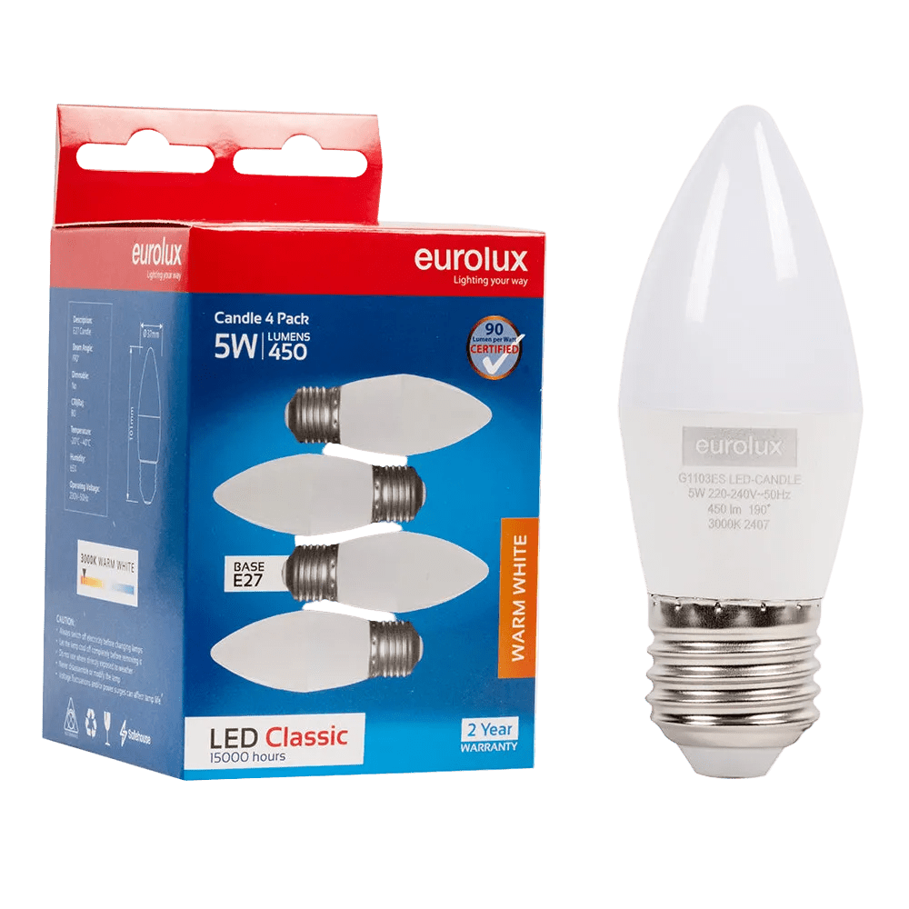 5W White Candle LED Bulb – E27, 3000K Warm White