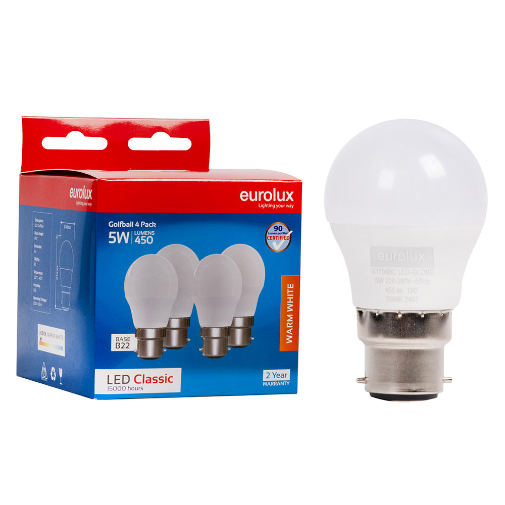 Pack of four Eurolux 5W LED golf ball bulbs with one bulb displayed beside the box.