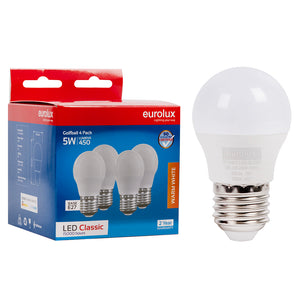 Pack of four Eurolux 5W LED golf ball bulbs with E27 base, featuring warm white light and energy-efficient design.