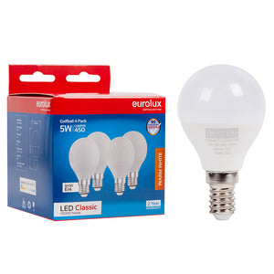LED Bulb - 5W Golf Ball (4 Pack) with packaging, showcasing bulb design and specifications.