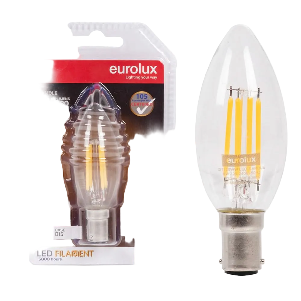 6W Dimmable Candle Filament LED Bulb – B15, 3000K Warm White