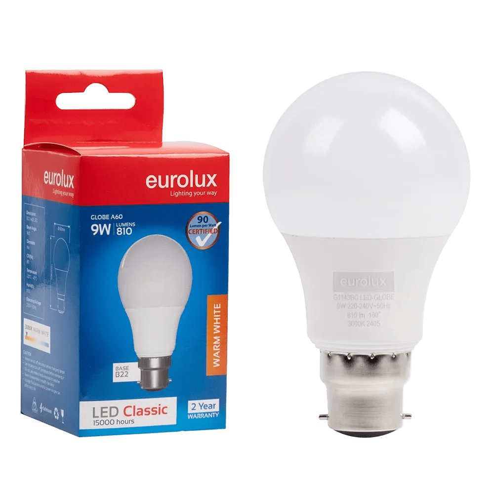 9W Dimmable White LED Bulb – B22, 3000K Warm White