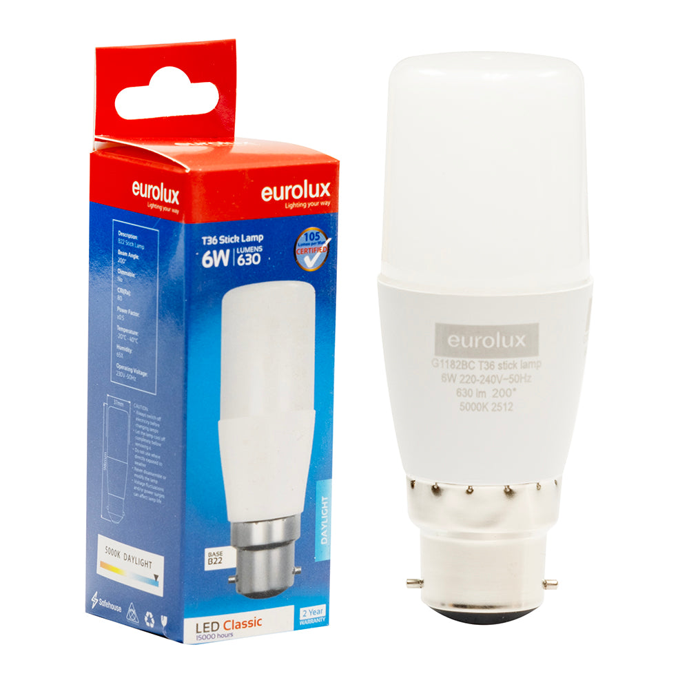 G1182BC Eurolux Stick Lamp T36 6w LED B22 5000K 105lm
